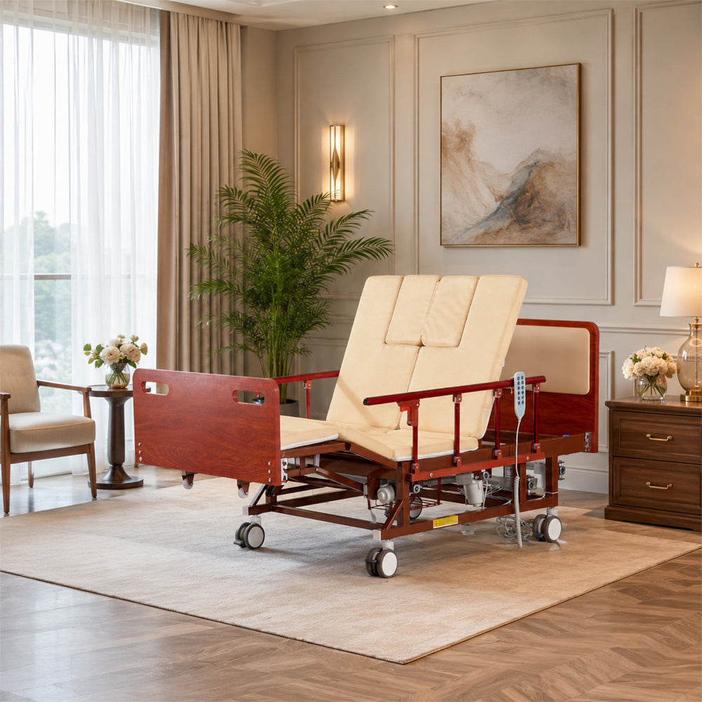 Adjustable Electric Bed for Elderly with Nursing Mattress, Wood