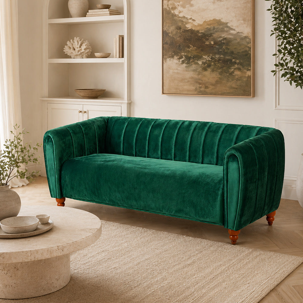 Modern Glam Emerald Green Tufted 3-Seater Velvet Upholstered Sofa