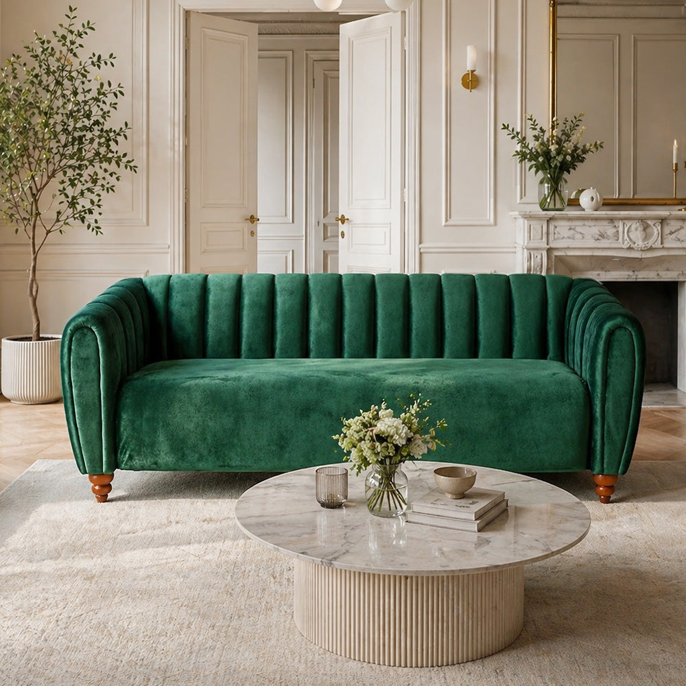 Modern Glam Emerald Green Tufted 3-Seater Velvet Upholstered Sofa