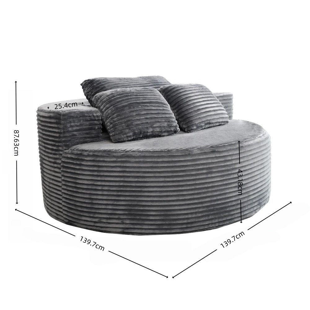 Modern Lazy Sofa with 3 Backrest Pillows, Corduroy, Round, Grey