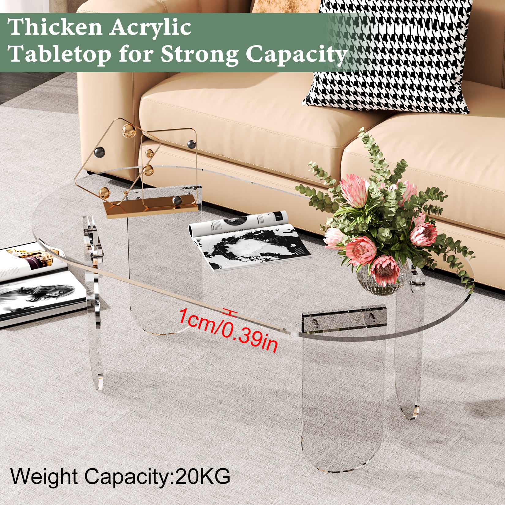 Acrylic Coffee Table for Living Room, Oval