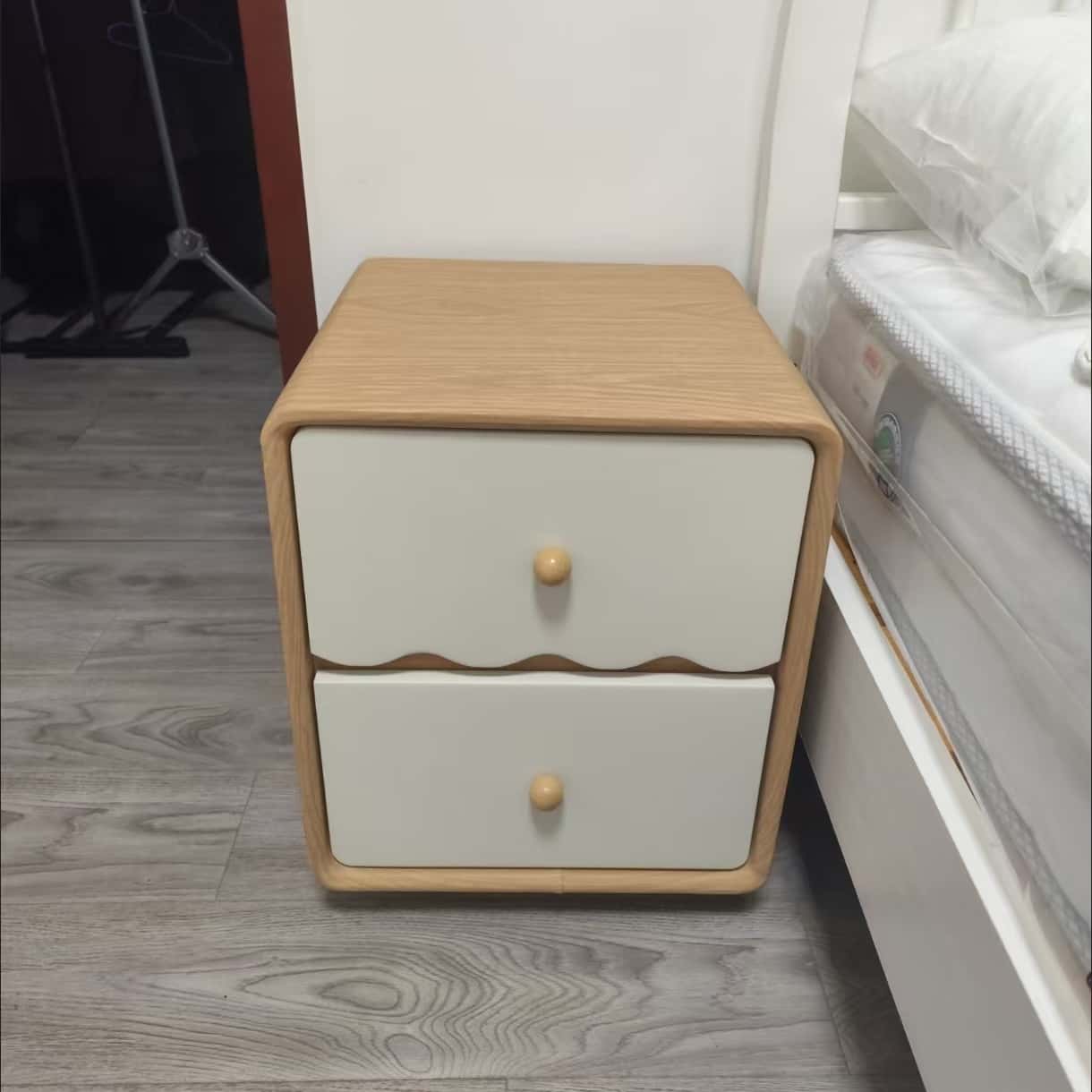 Wave‑Textured Nightstand with 2 Drawers for Bedroom, Solid Wood