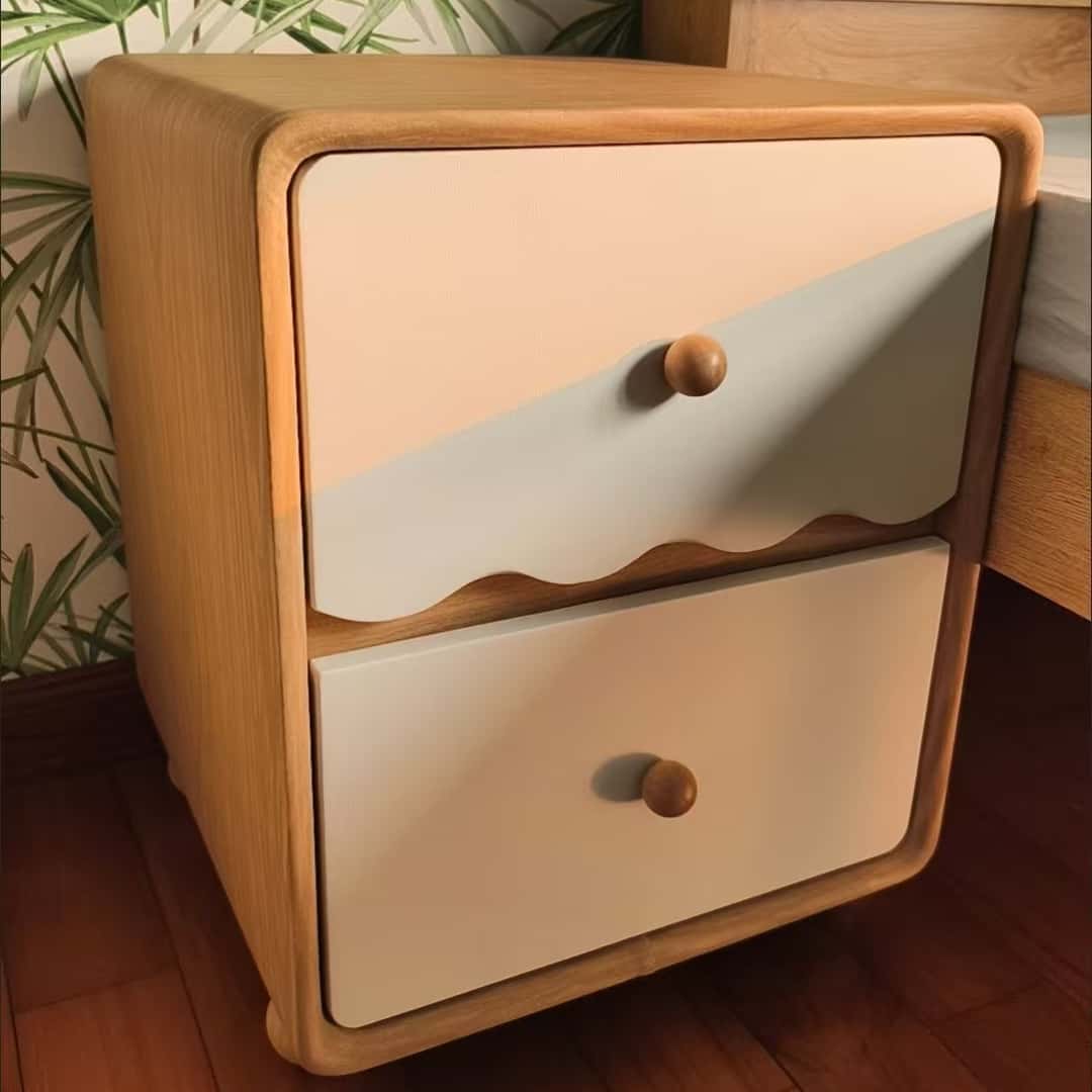 Wave‑Textured Nightstand with 2 Drawers for Bedroom, Solid Wood