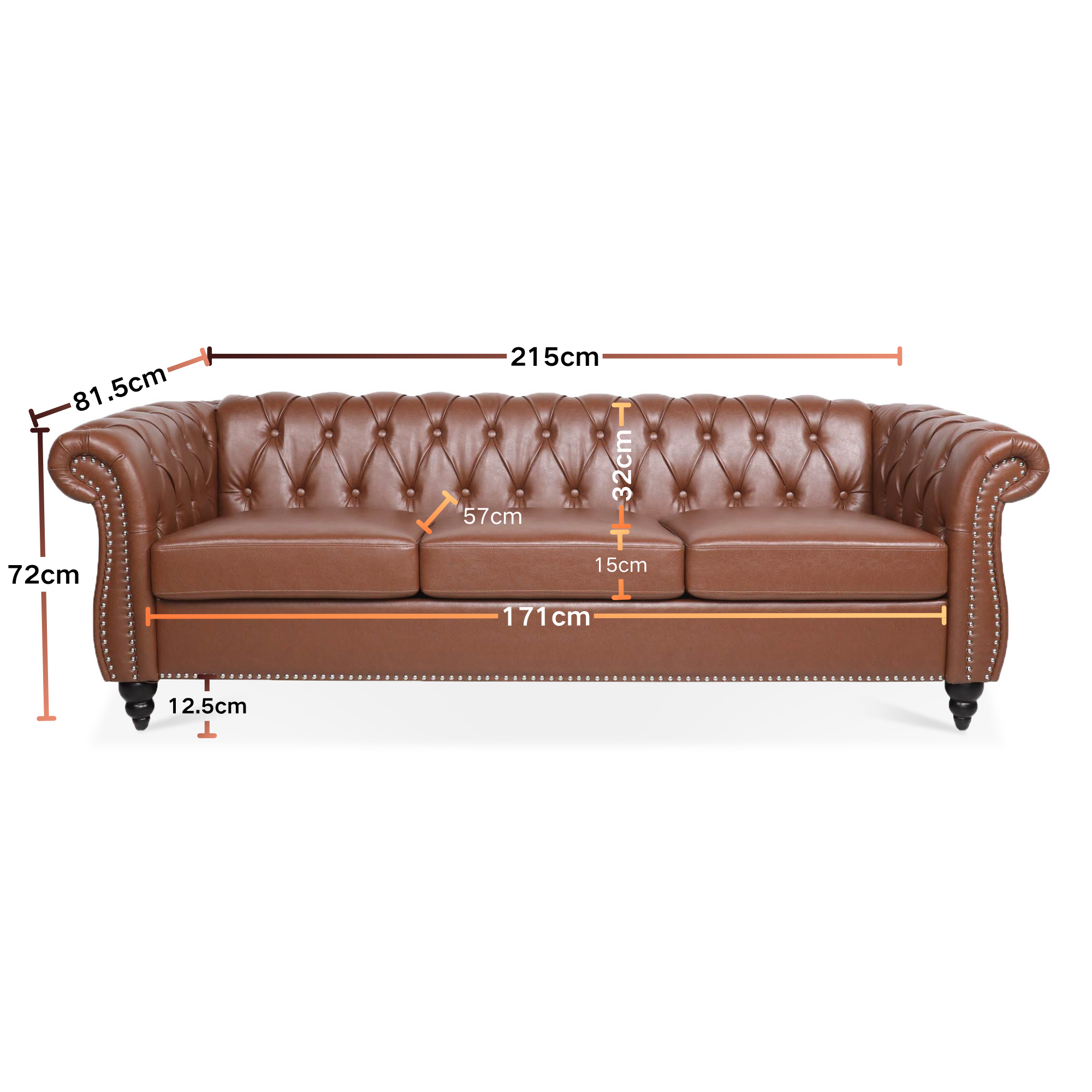 Retro Chesterfield Style Sofa, 3-Seater, PU Leather