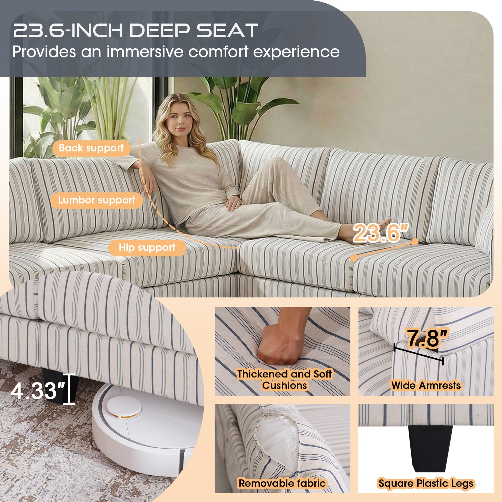 Eeeza L-Shaped Deep Sectional Sofa with Armrest Storage, 5-Seat