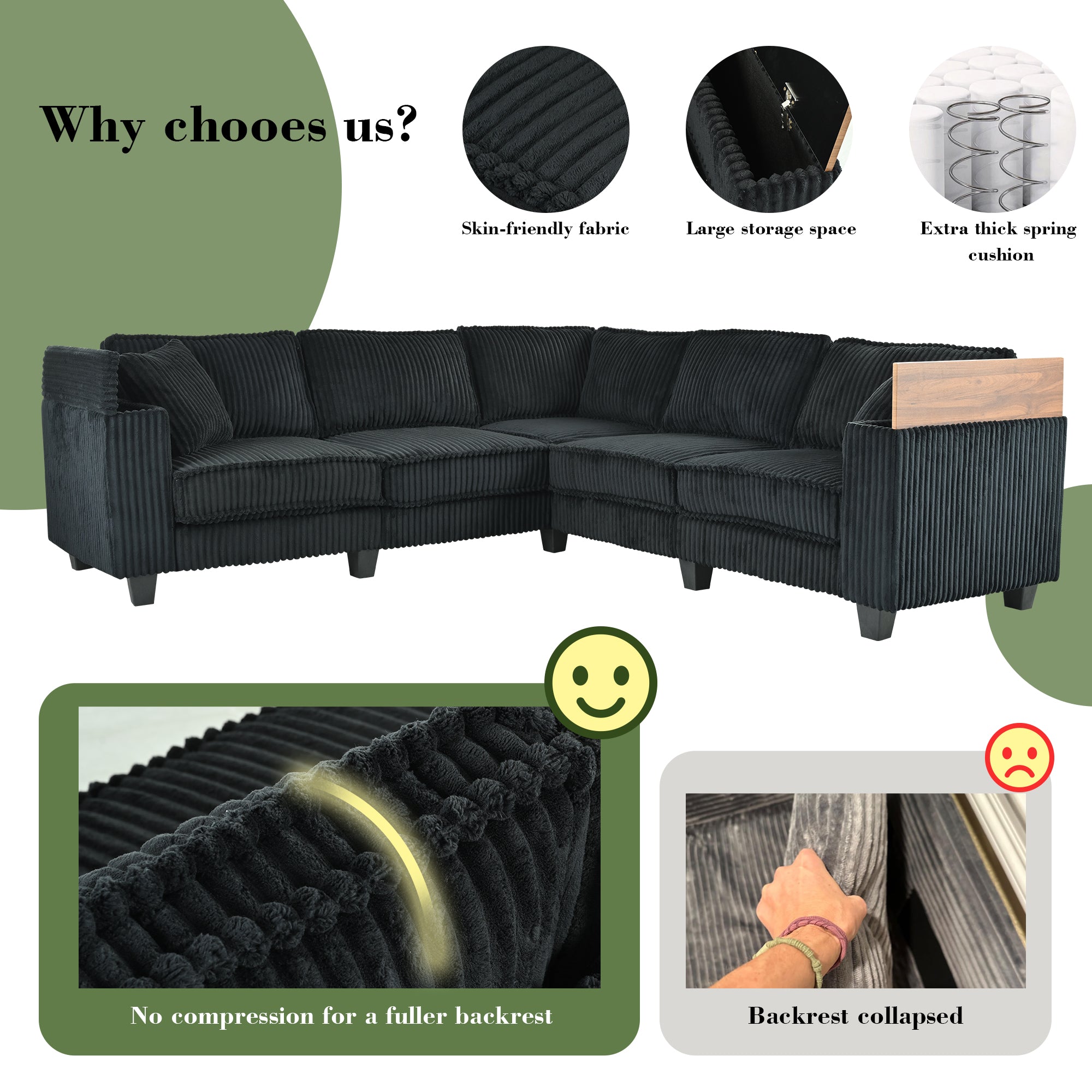 Eeeza L-Shaped Deep Sectional Sofa with Armrest Storage, 5-Seat
