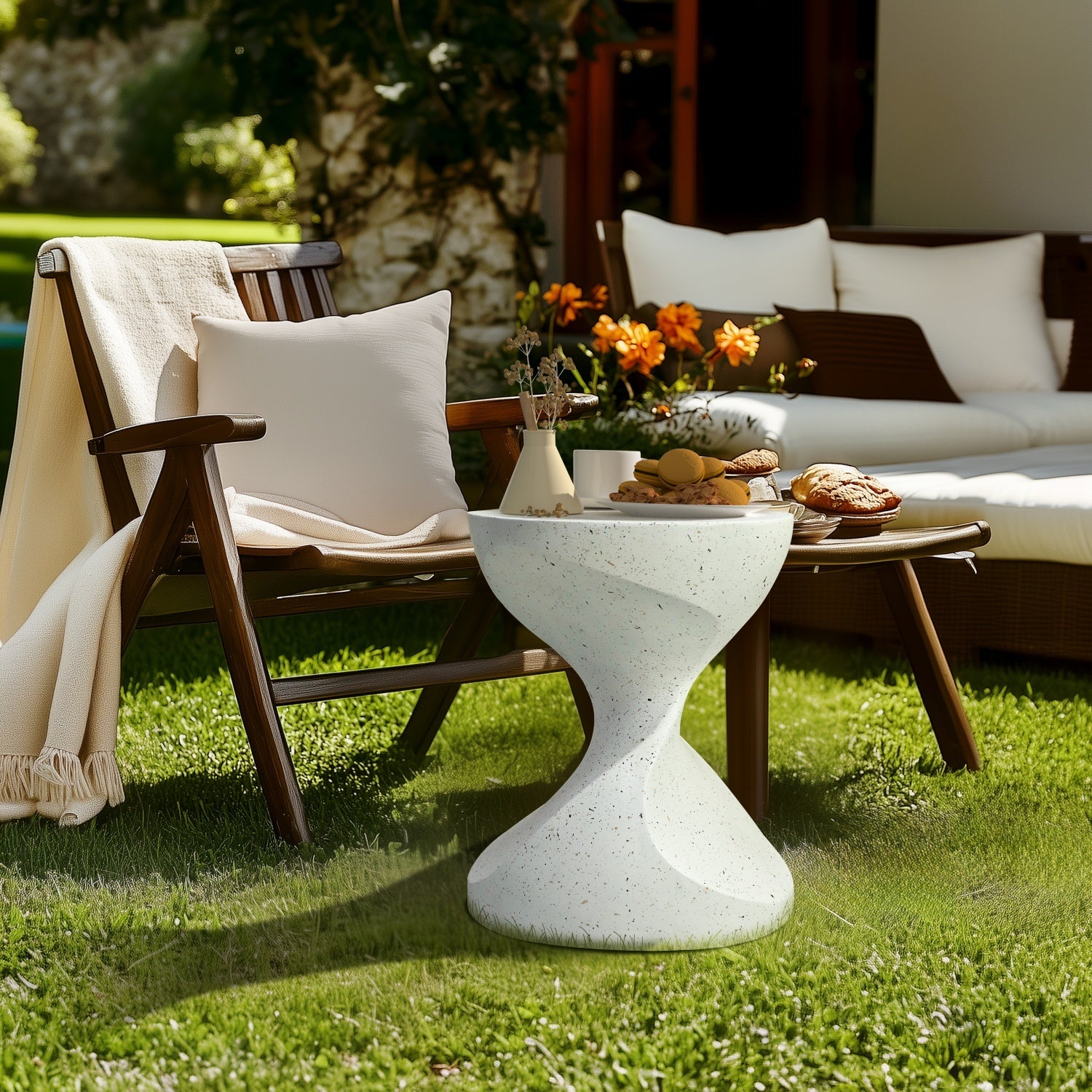 Modern Side Table for Indoor and Outdoor, Concrete, White