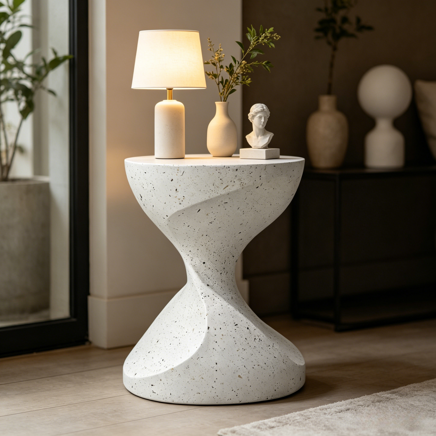 Modern Side Table for Indoor and Outdoor, Concrete, White