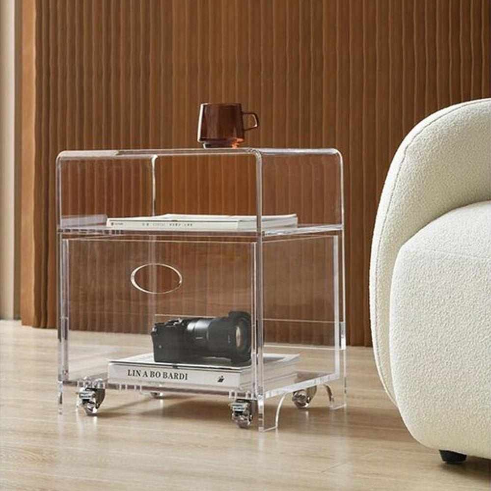 Acrylic Storage Side Table with Drawer and Wheels for Bedroom