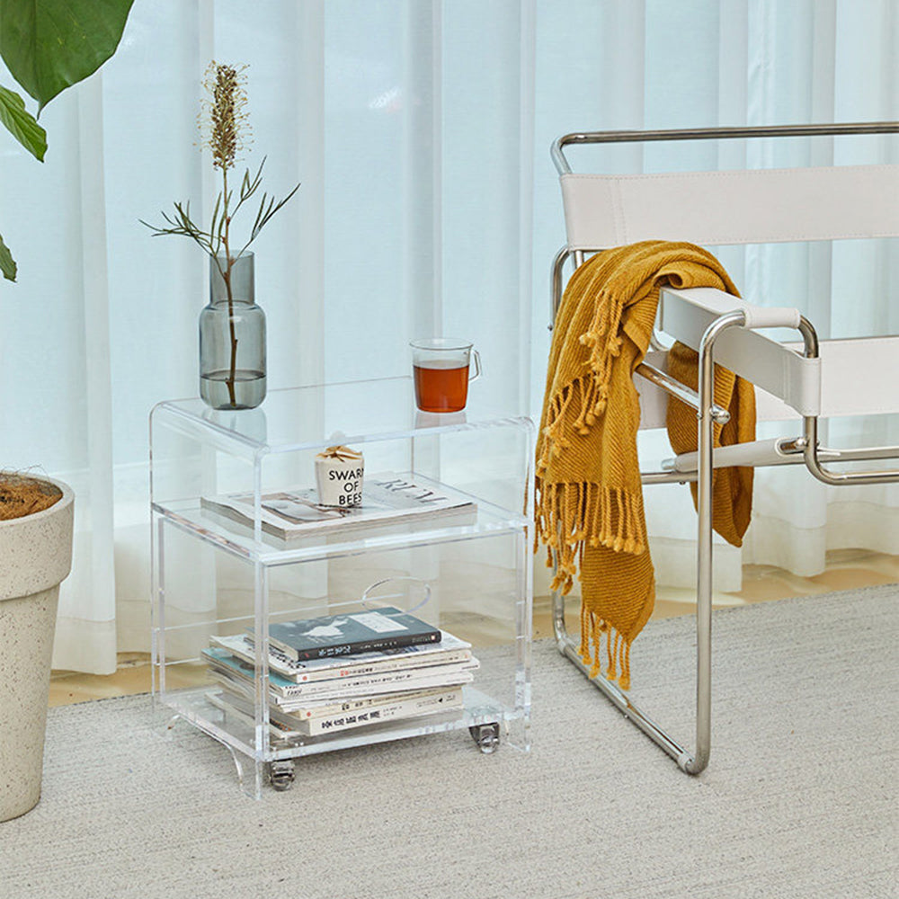 Acrylic Storage Side Table with Drawer and Wheels for Bedroom