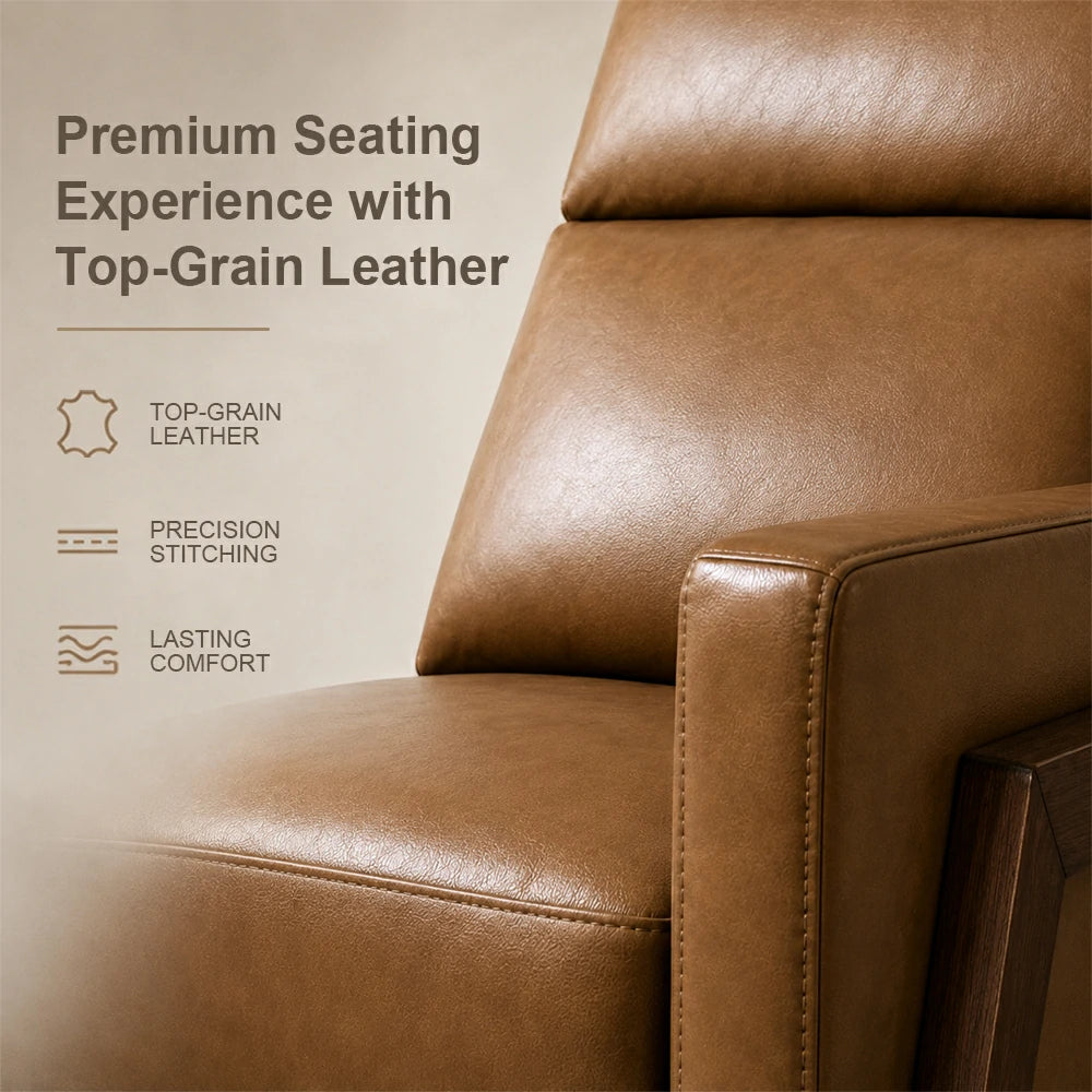 Scandinavian Style Recliner with Push-Back for Home, Leather, Walnut
