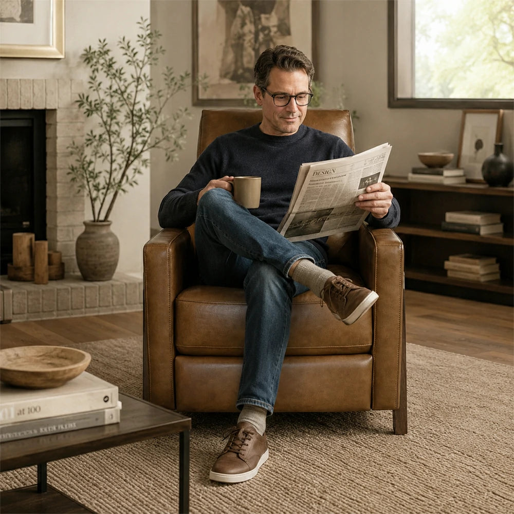 Scandinavian Style Recliner with Push-Back for Home, Leather, Walnut