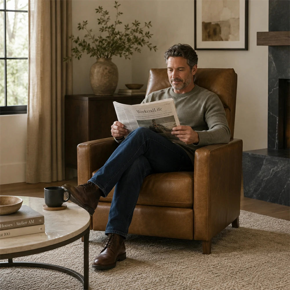 Scandinavian Style Recliner with Push-Back for Home, Leather, Walnut