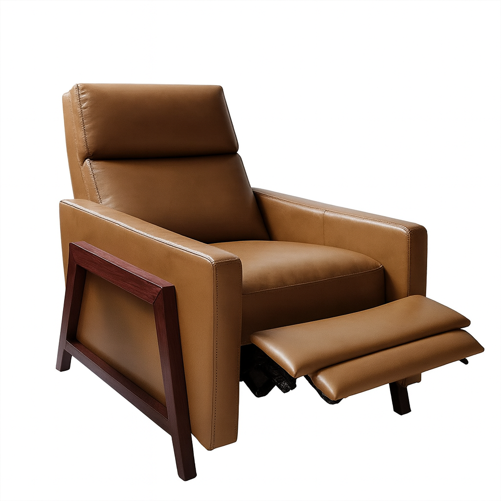 Scandinavian Style Recliner with Push-Back for Home, Leather, Walnut
