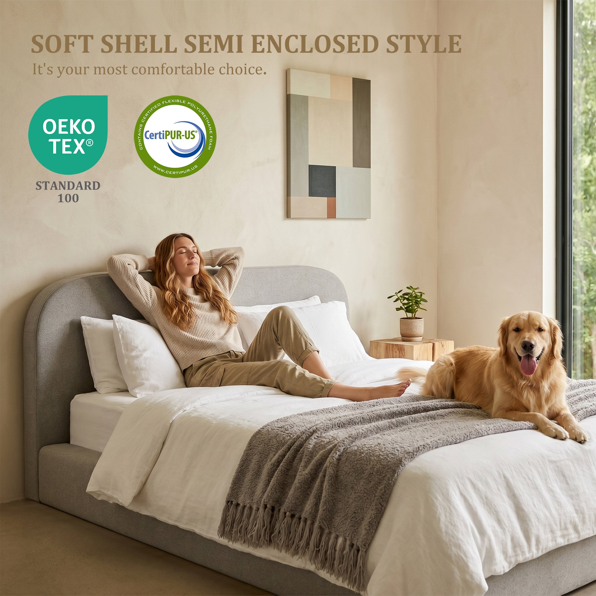 Eeeza Upholstered Bed Frame with Soft Cloud Headboard, King Size