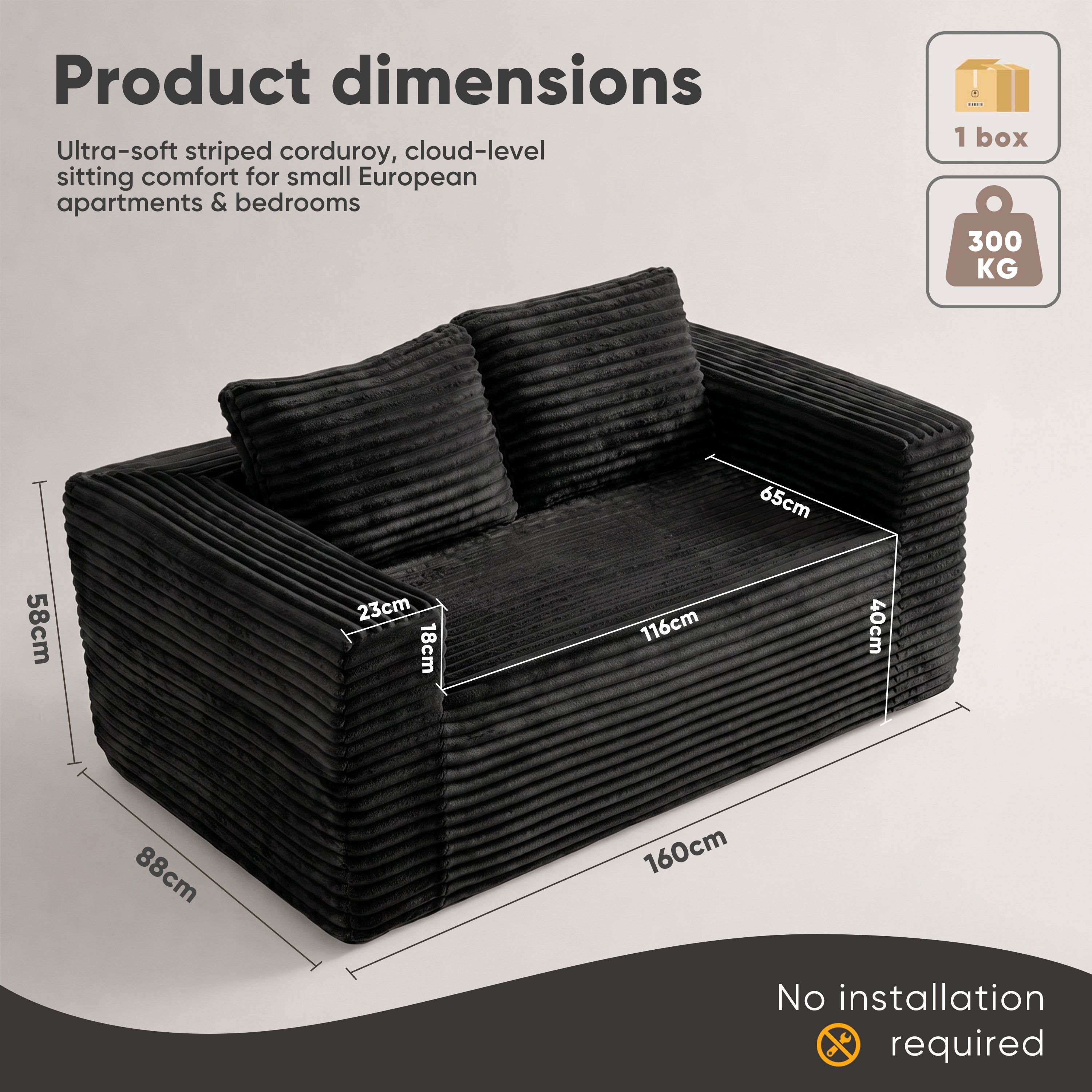 Boneless Deep Seat 2-Seater, No Assembly Foam Floor Couch, Plush Cordu