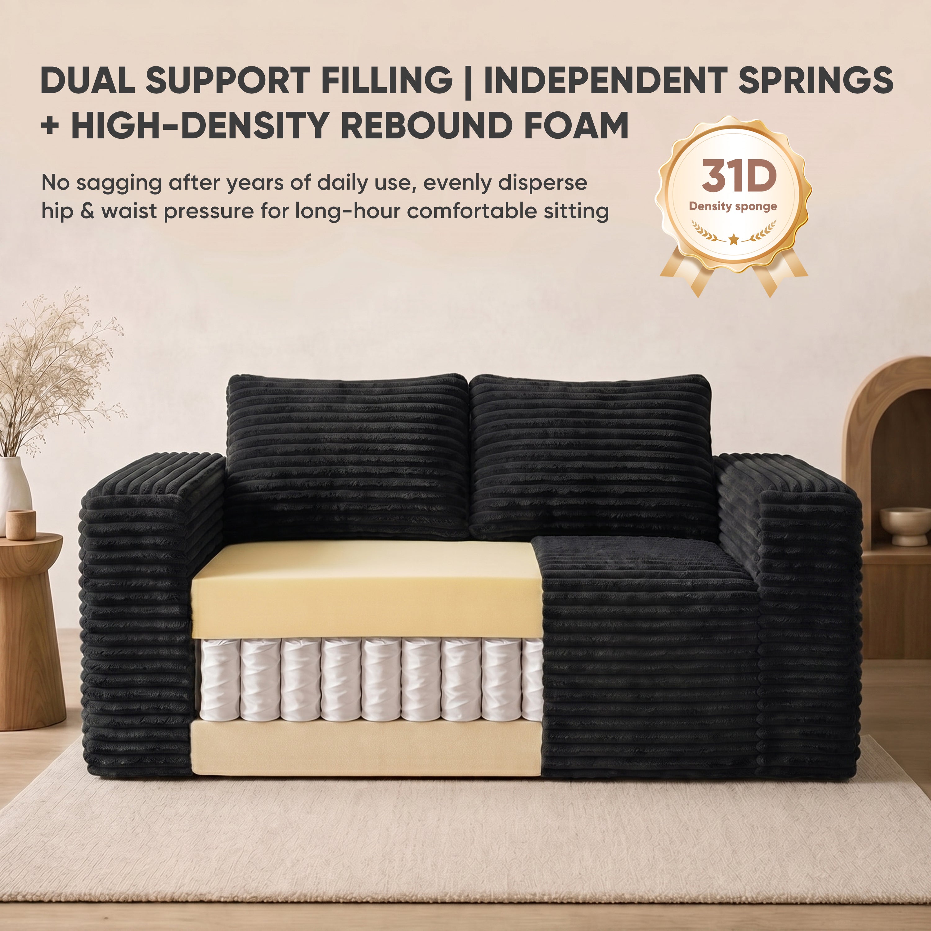 Boneless Deep Seat 2-Seater, No Assembly Foam Floor Couch, Plush Cordu