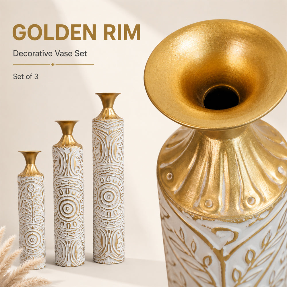 3-Piece Set of Iron Decorative Vases,  White
