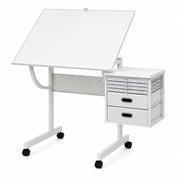 Multi-Functional Puzzle Table with Lockable Wheels and Drawers, White