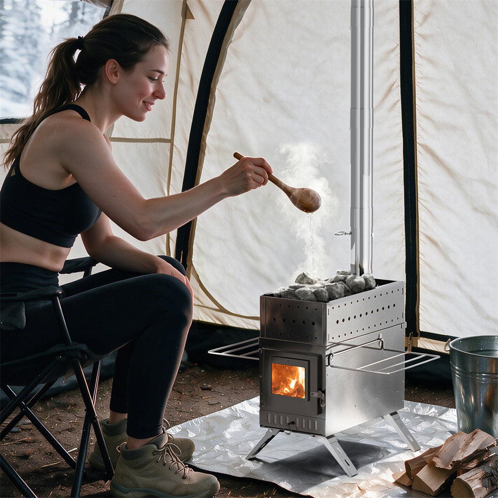 2in1 Outdoor Stove Set with Sauna Basket for Camping, Stainless Steel