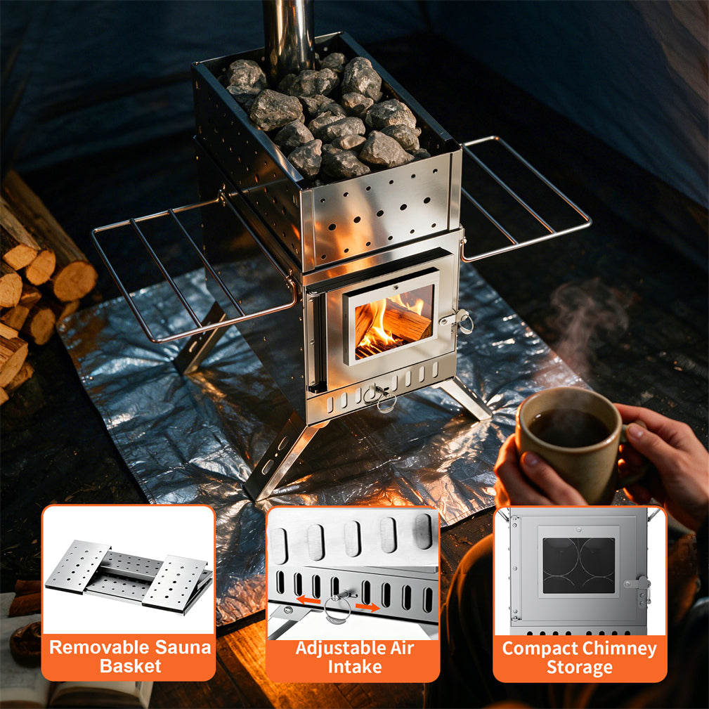 2in1 Outdoor Stove Set with Sauna Basket for Camping, Stainless Steel