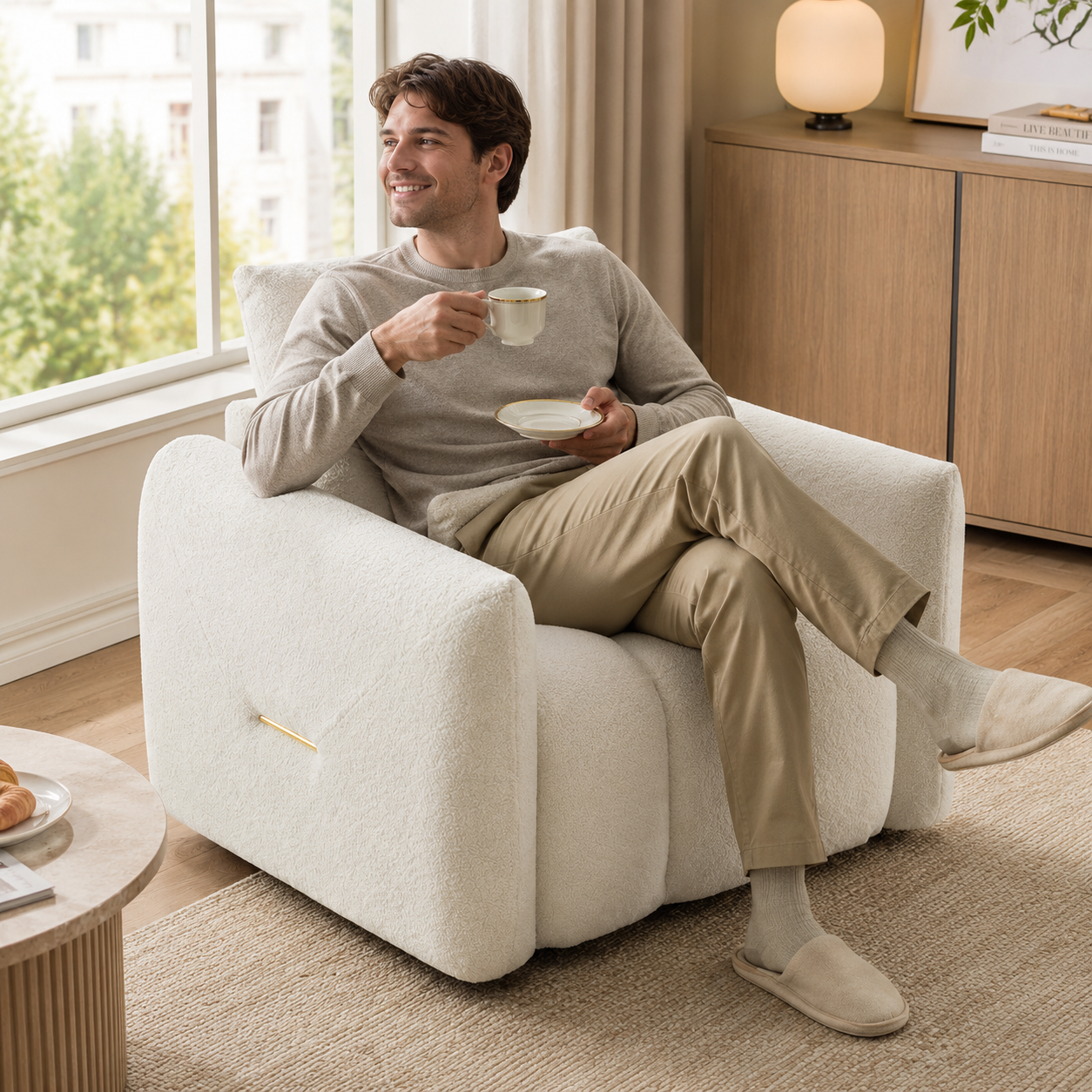 Eeeza Modern Lounge Chair with Pillow, Teddy Fabric