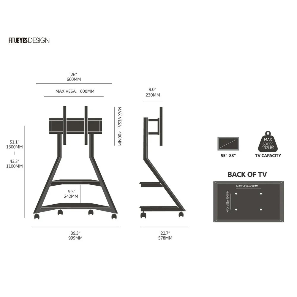 FITUEYES Eiffel V2 FT88 Floor TV Stand with Wheels for 55'-88' Screens