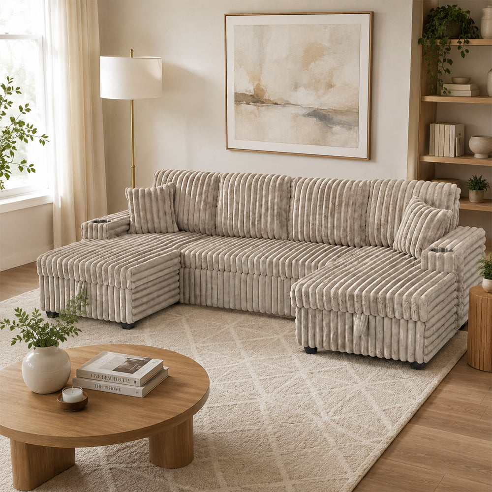 Oversized Sectional Sofa, Plush Corduroy, U Shaped, 4-seater
