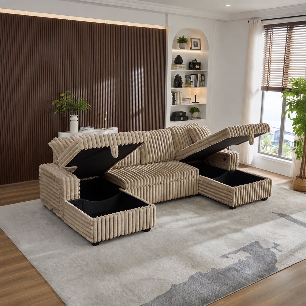 Oversized Sectional Sofa, Plush Corduroy, U Shaped, 4-seater