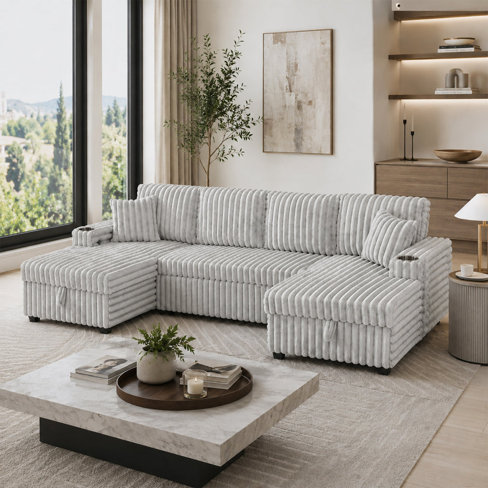 Oversized Sectional Sofa, Plush Corduroy, U Shaped, 4-seater