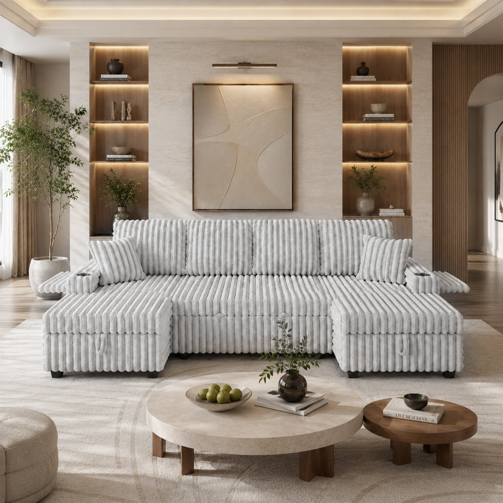 Oversized Sectional Sofa, Plush Corduroy, U Shaped, 4-seater