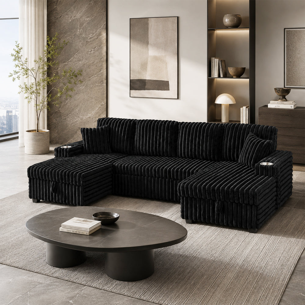 Oversized Sectional Sofa, Plush Corduroy, U Shaped, 4-seater