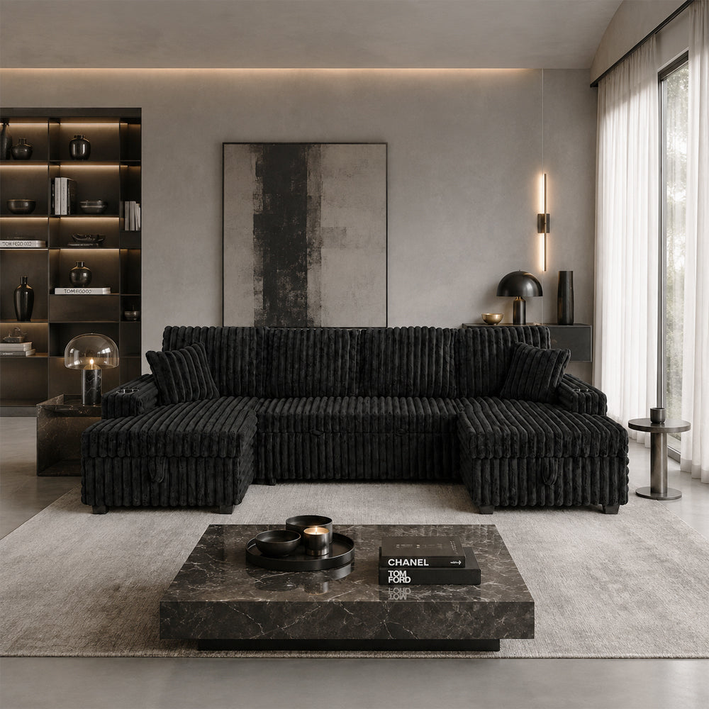 Oversized Sectional Sofa, Plush Corduroy, U Shaped, 4-seater