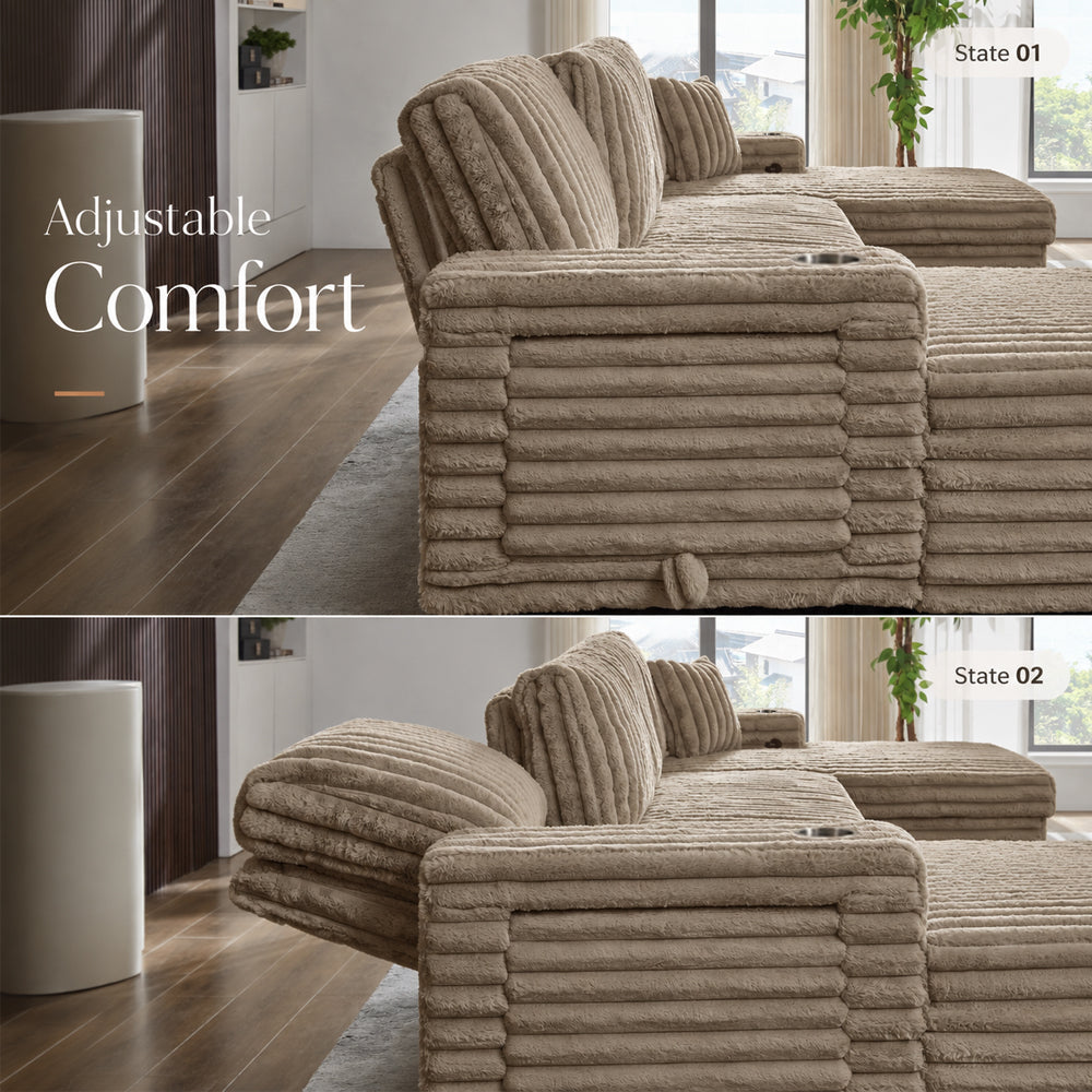 Oversized Sectional Sofa, Plush Corduroy, U Shaped, 4-seater