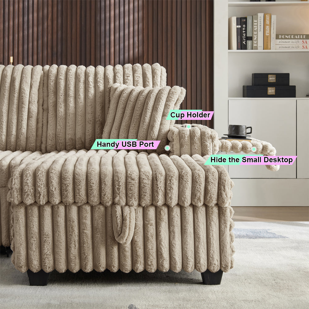 Oversized Sectional Sofa, Plush Corduroy, U Shaped, 4-seater