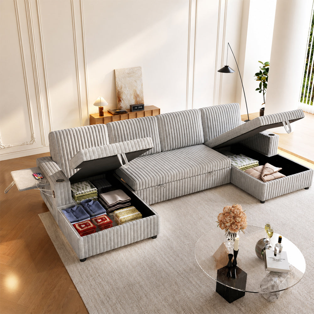 Oversized Sectional Sofa, Plush Corduroy, U Shaped, 4-seater