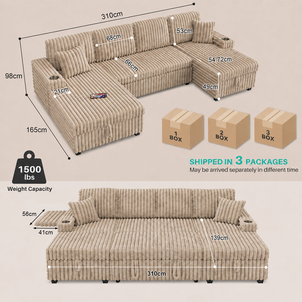 Oversized Sectional Sofa, Plush Corduroy, U Shaped, 4-seater