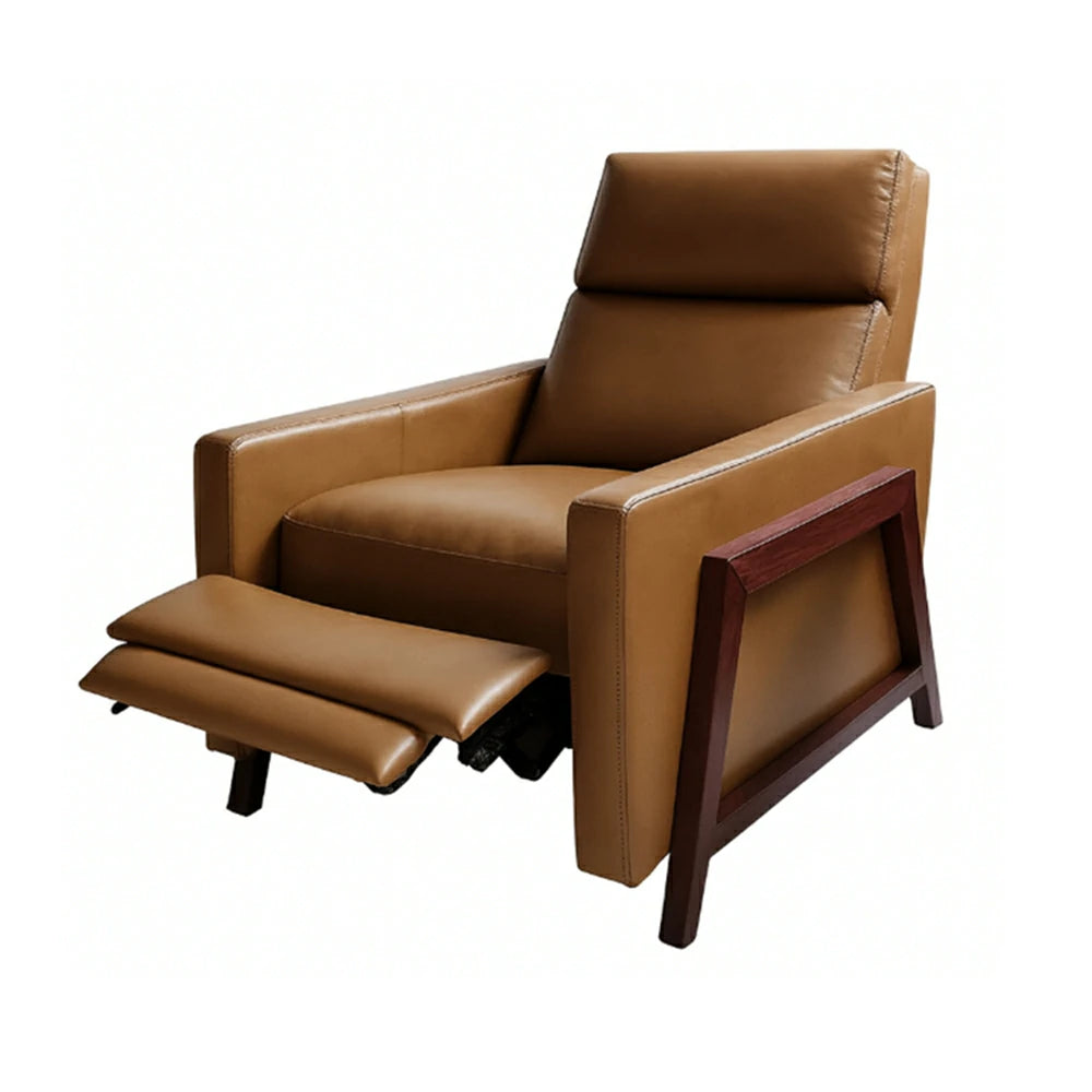 Scandinavian Style Recliner with Push-Back for Home, Leather, Walnut