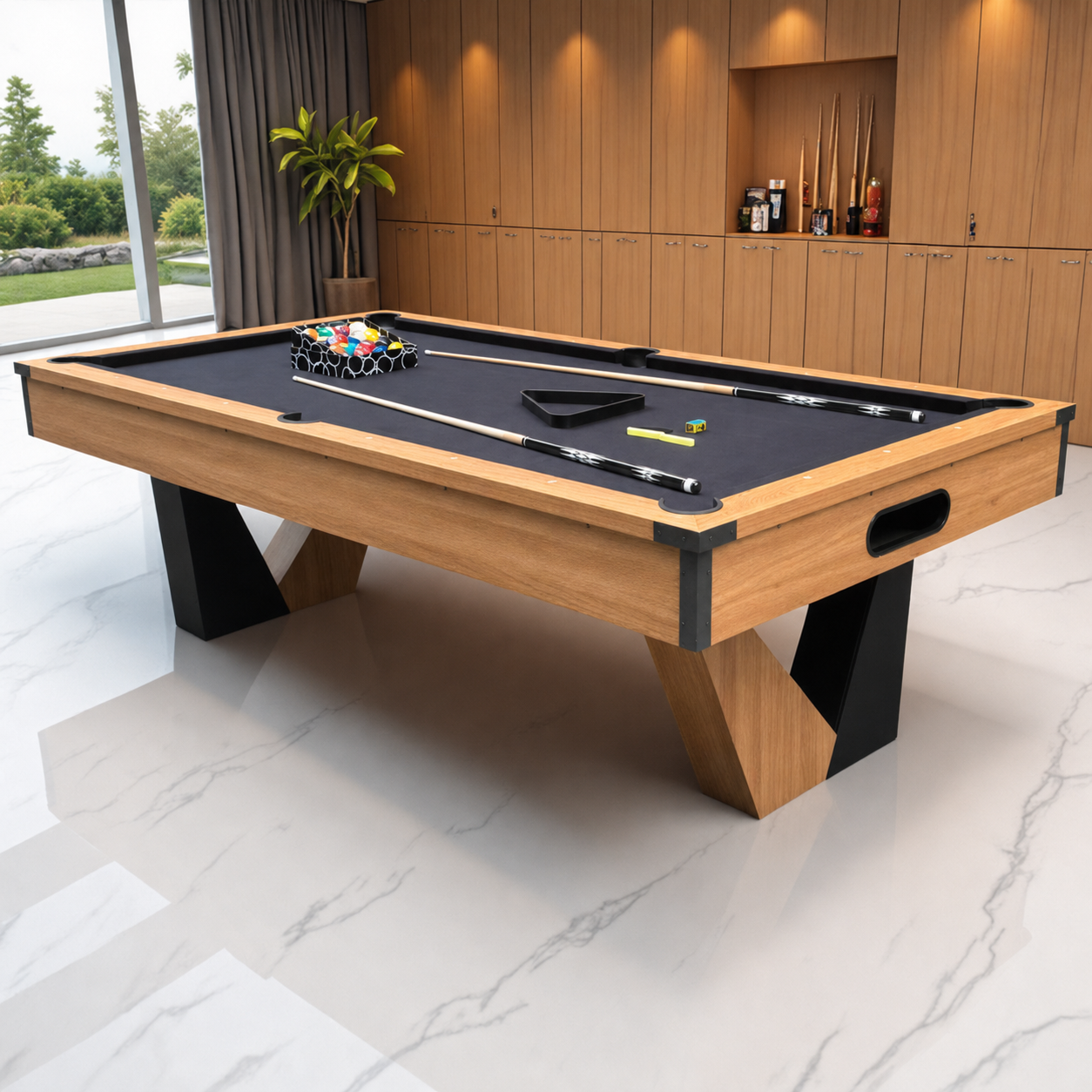 Pool Table with Ball Return and Wool Cloth, Full Accessories, 8ft