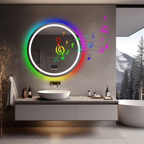 Smart Round RGB Bathroom Mirror Bluetooth Speaker Shower Mirror Anti-Fog Memory