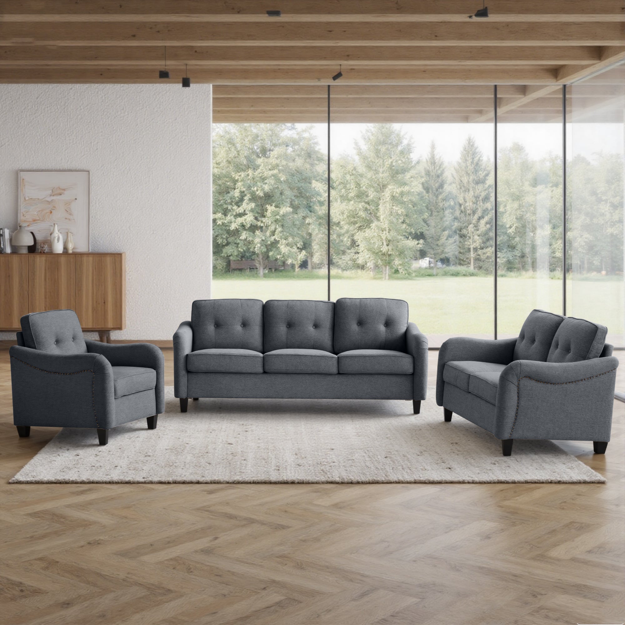 Modern 3-Piece Sofa Set with 3-Seater, Loveseat and Armchair, Polyeste