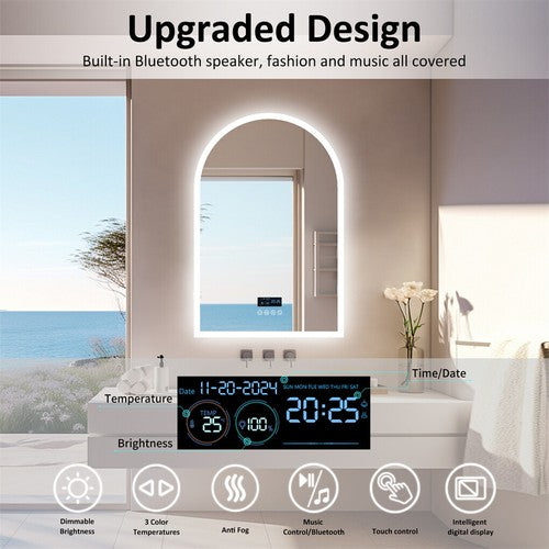 Arched LED Backlit Bathroom Mirror Music Bluetooth Speaker Vanity Mirror 3 Color