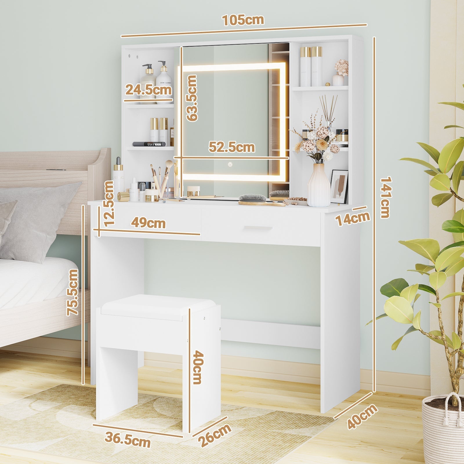 Advwin Dressing Table Stool Set LED Slide Mirror