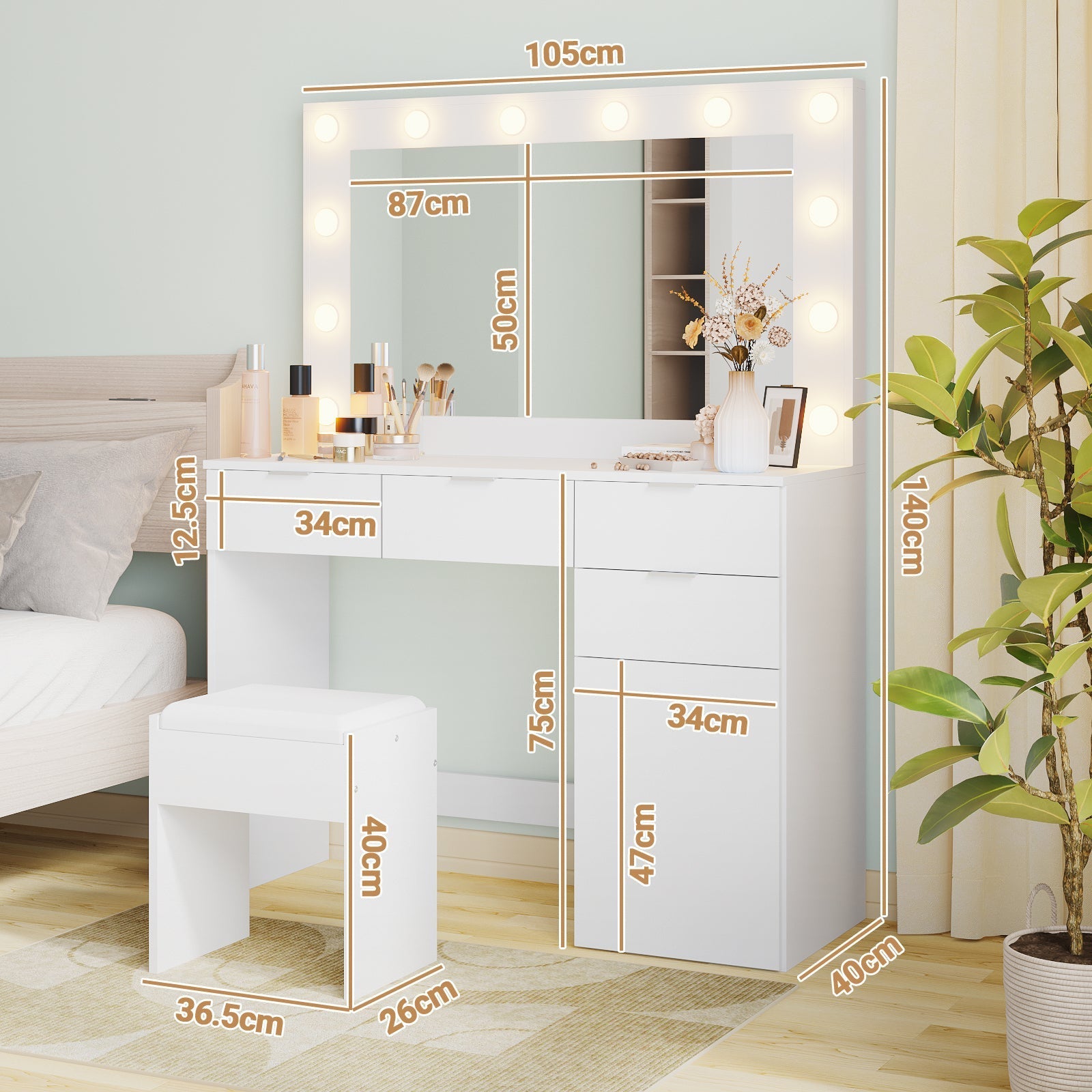 Advwin Dressing Table Stool Set 12 LED Bulbs
