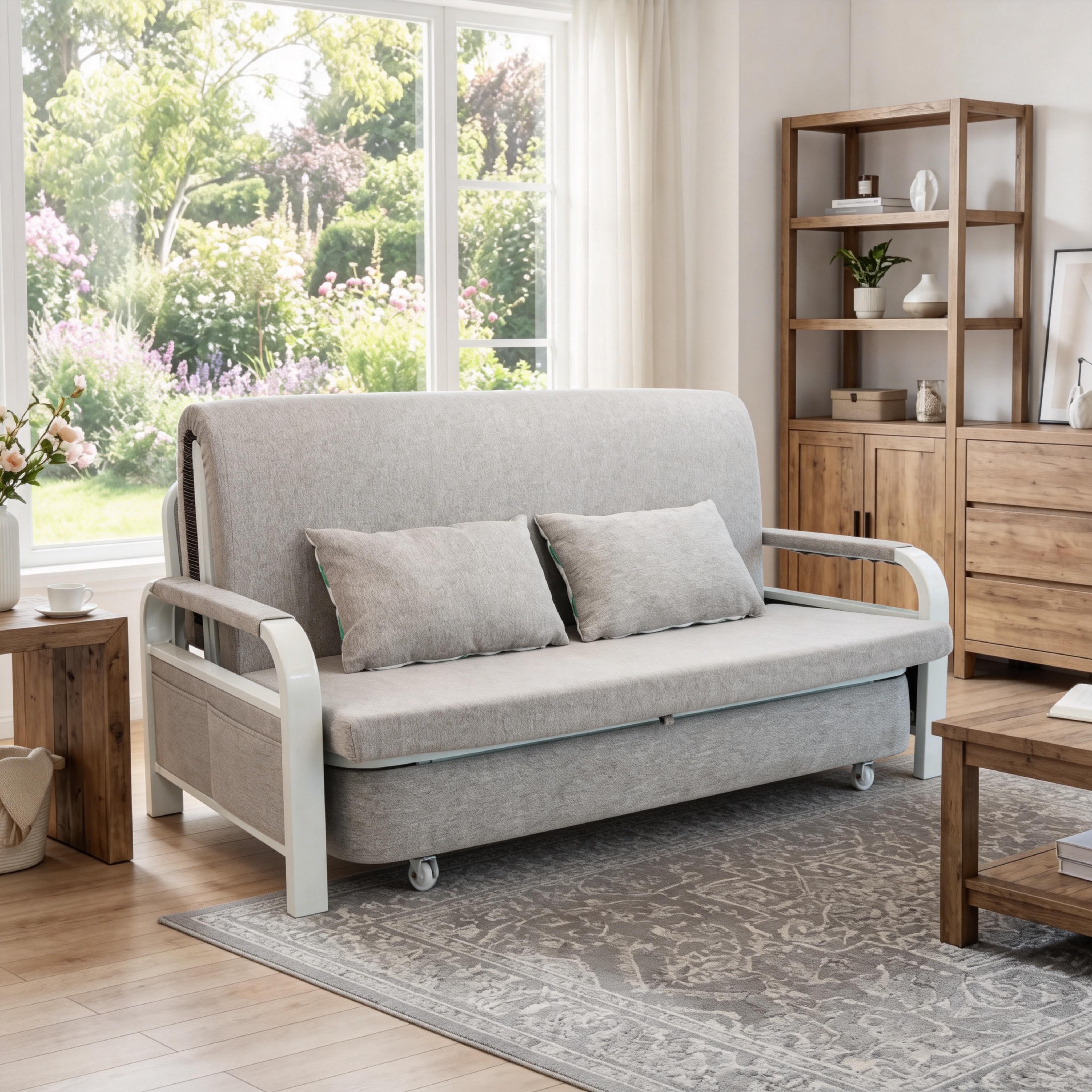 Eeeza Convertible Sofa Bed with Pillows, Side Pockects and Storage Compartment, Carbon Steel and Linen Cotton