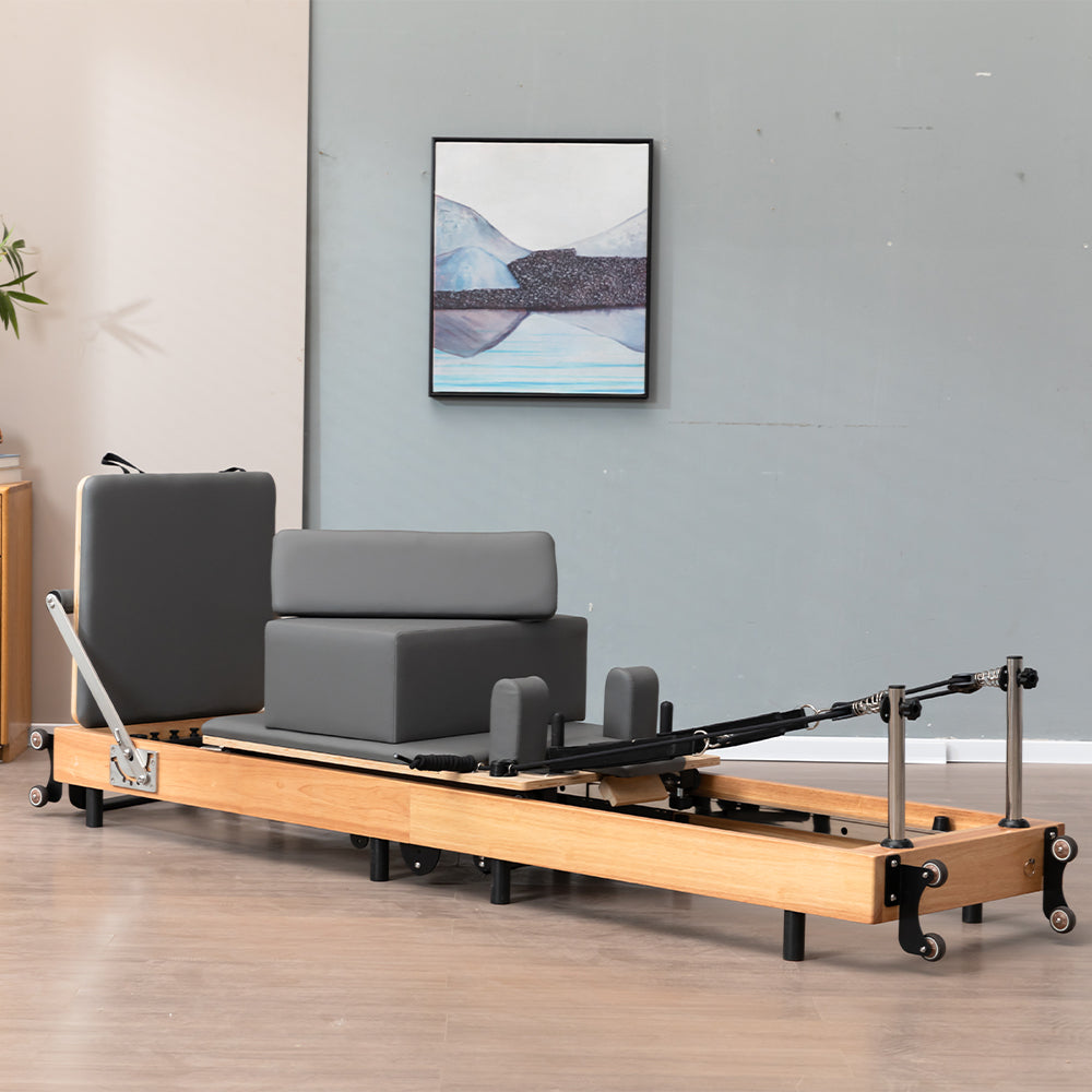 Eeeza Foldable Pilates Reformer for Home Studio, Oak Wood, 6 Springs