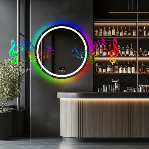 Smart Round RGB Bathroom Mirror Bluetooth Speaker Shower Mirror Anti-Fog Memory