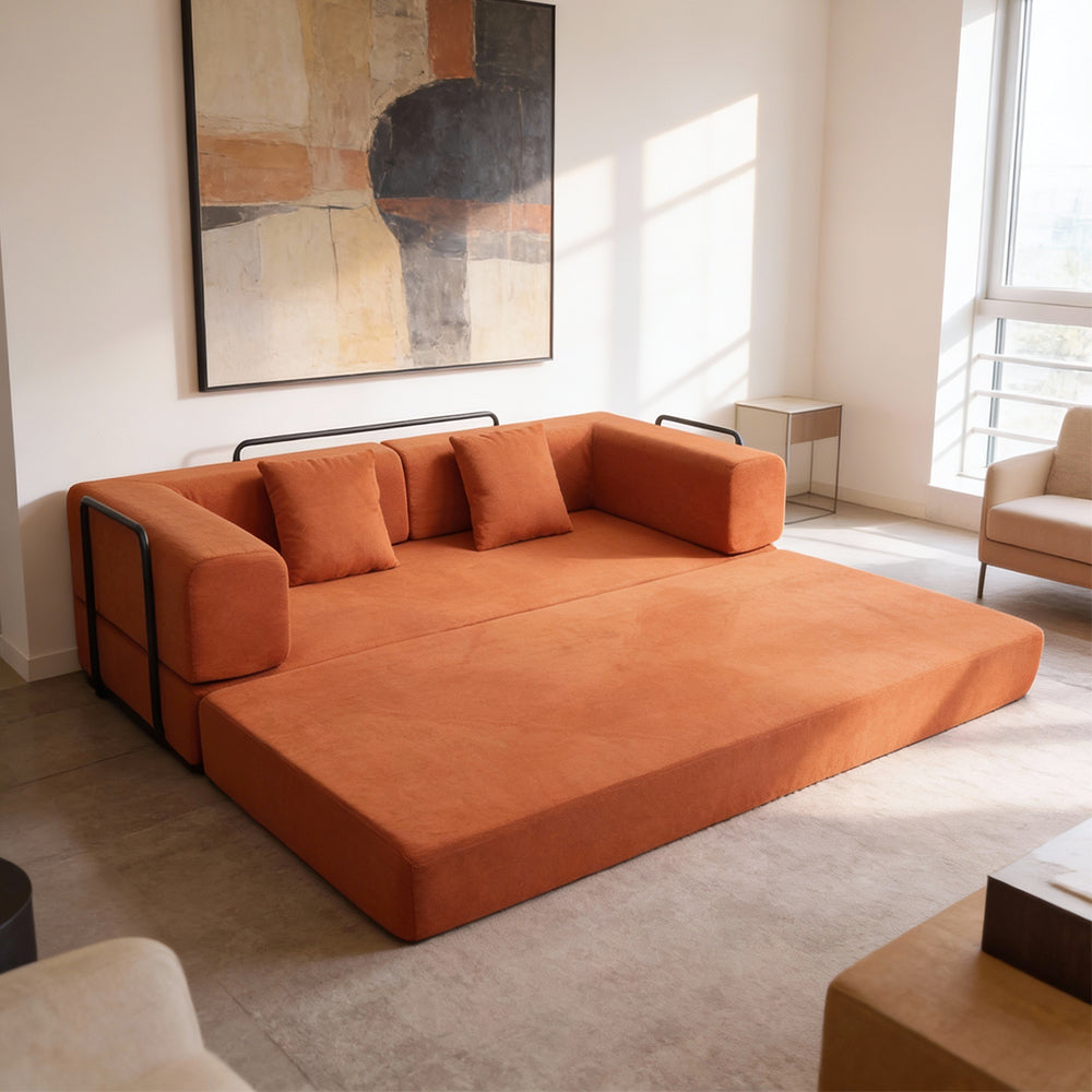 Folding corduroy sofa bed with pillows