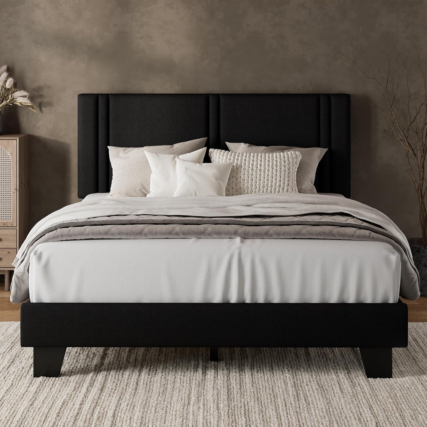 Soft Bed Frame with Headboard, Queen Size, Metal and Linen, Black