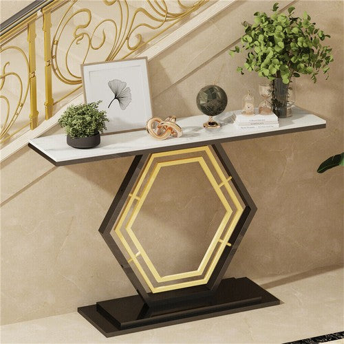 Solid Marble Console Table Entryway Table Hexagon Metal Frame Sofa Behind Table